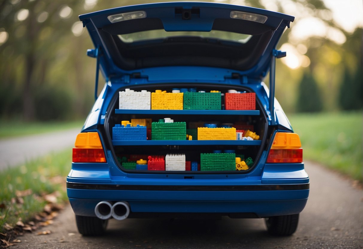A stack of Lego sets being loaded into a car trunk