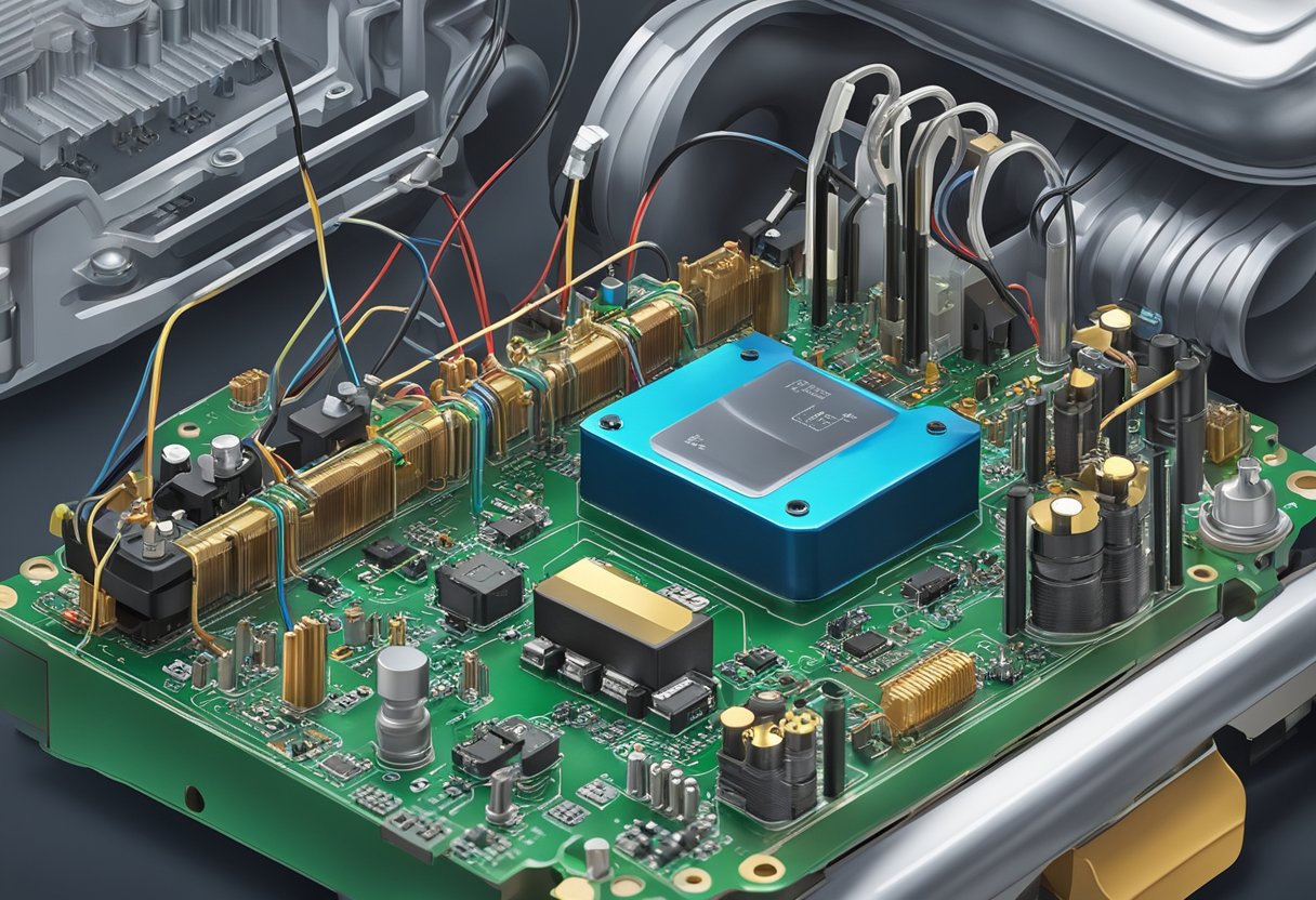 A circuit board with wires connected to a pressure control solenoid, surrounded by diagnostic tools and a vehicle engine