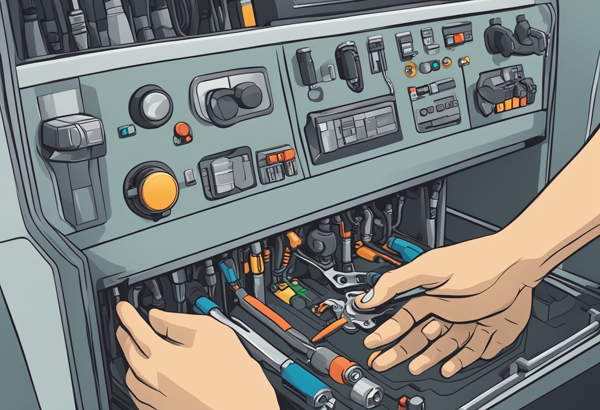 A hand reaches for a control panel with a wrench and a diagnostic tool nearby, indicating troubleshooting and repair of a mechanical system