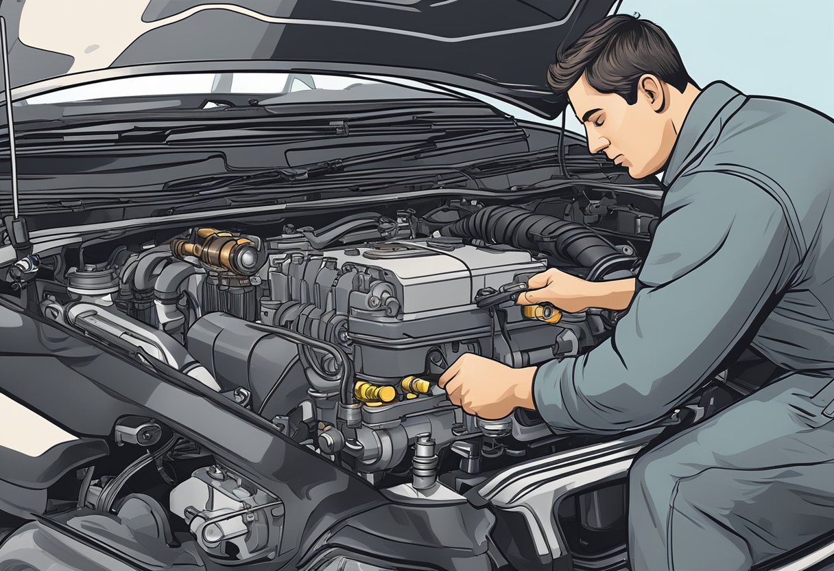 A mechanic examines a car's engine, checking wiring and pressure control solenoid 'A' for error code P0961