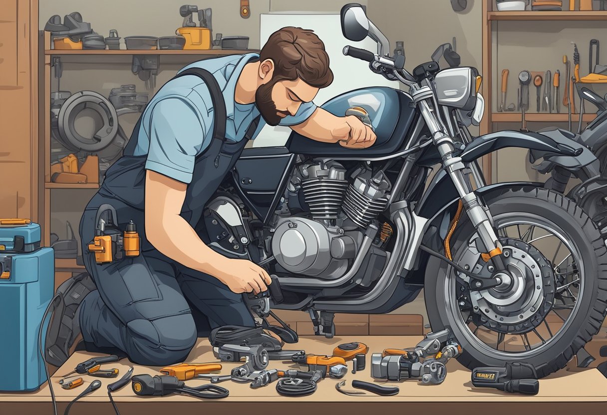 A mechanic replacing a shift solenoid 'C' on a motorcycle with error code P0980.

Tools and parts scattered on a workbench