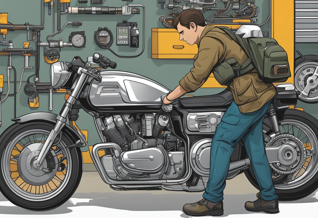 A motorcycle with error code P0980 displayed on the dashboard, a mechanic examining the shift solenoid 'C' control circuit, and a toolbox nearby