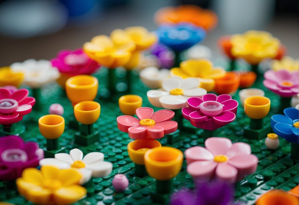 A table with a variety of LEGO flower creations arranged in a colorful and eye-catching display