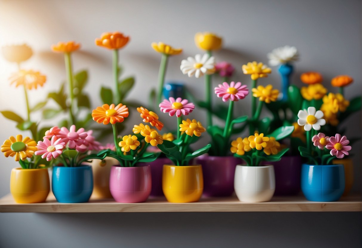 A shelf adorned with colorful Lego flowers, arranged in a variety of vases and pots, creating a vibrant and playful display