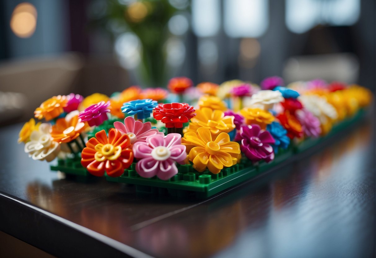 A table with a variety of colorful Lego flowers arranged in a decorative display