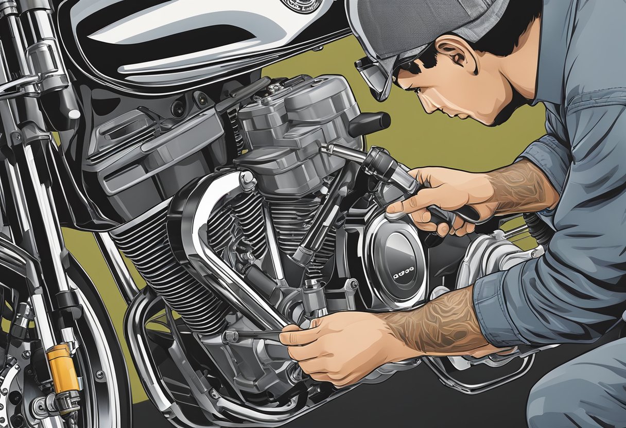 A mechanic examines a motorcycle's fuel pump module with diagnostic tools