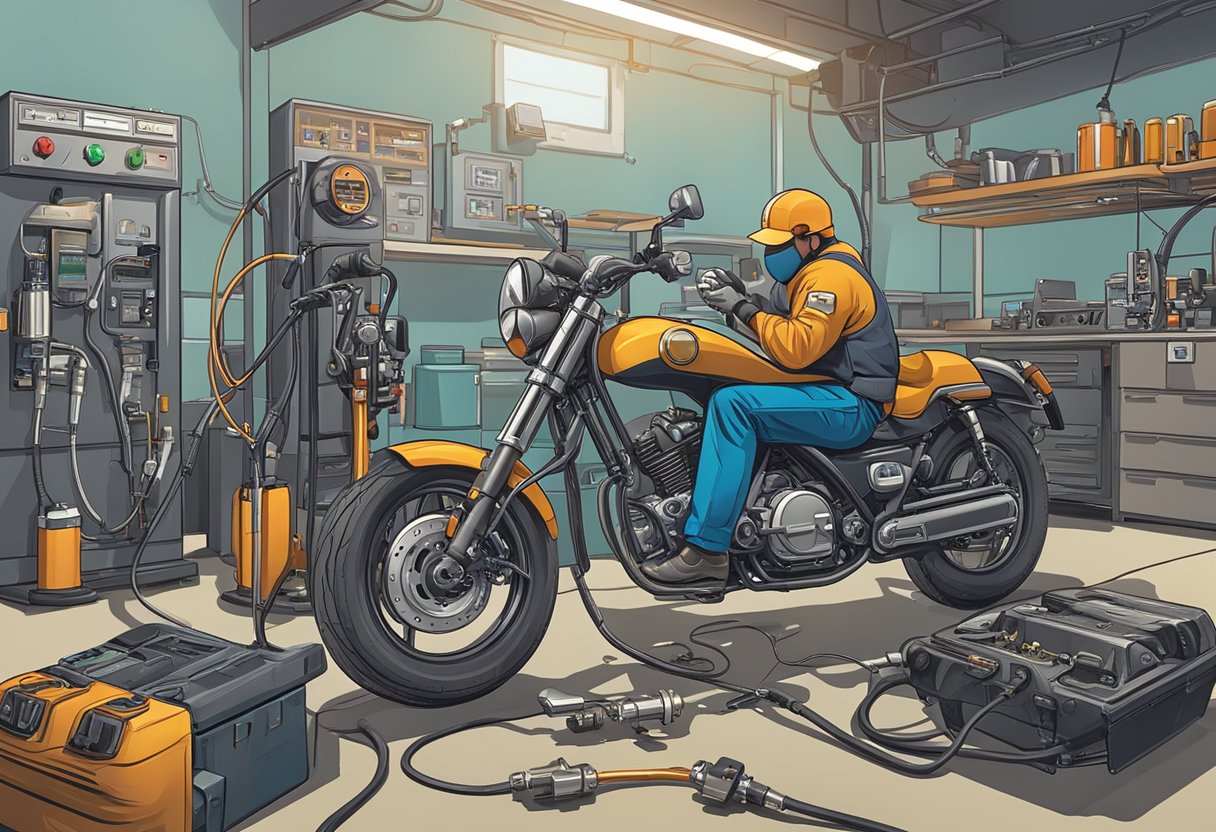 A mechanic troubleshoots a motorcycle's fuel pump module error P1234 using diagnostic tools and repair equipment