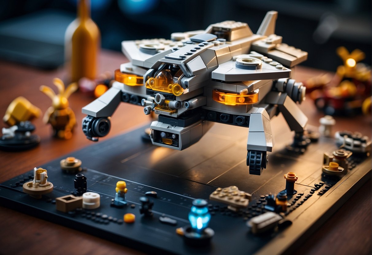 A table with various LEGO pieces spread out, a step-by-step instruction manual, and a completed spaceship model nearby