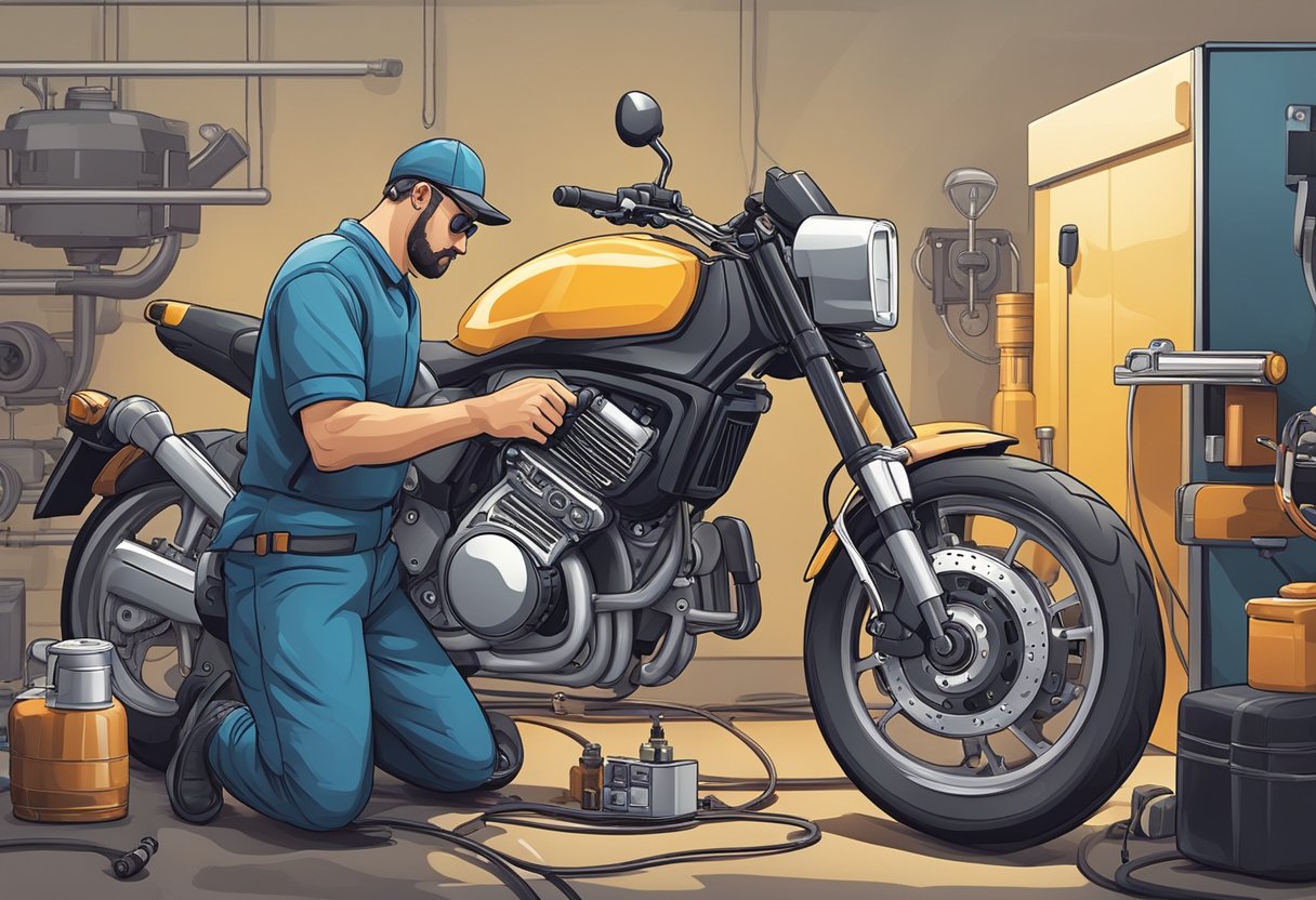 A motorcycle mechanic diagnoses error code P1234, checks fuel pump module, and performs maintenance