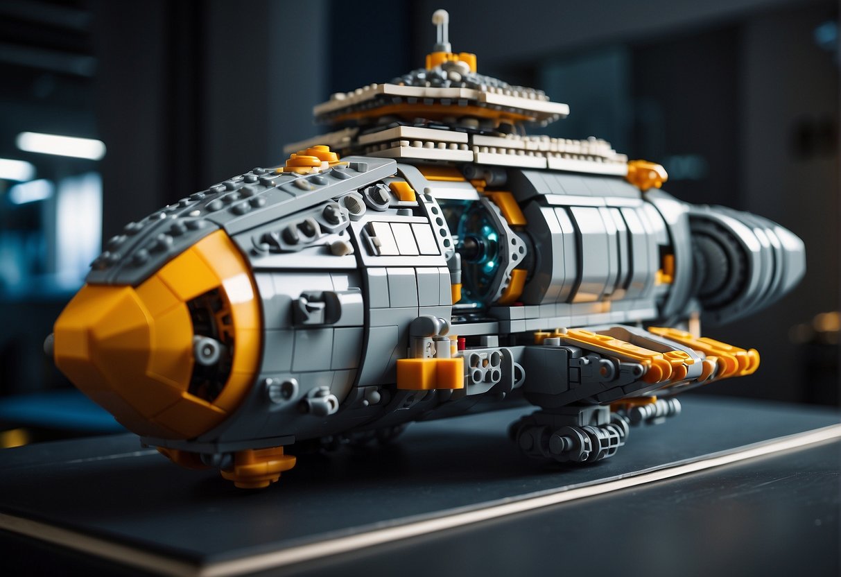A large LEGO spaceship taking shape with intricate detailing and advanced building techniques