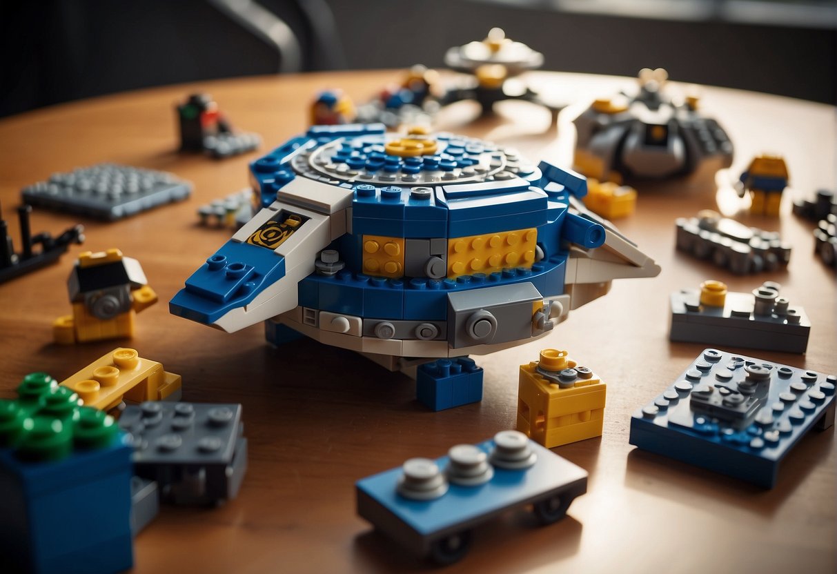 A table covered in Lego pieces, with a step-by-step guide on how to build spaceships. Bright lighting and a clean, organized workspace