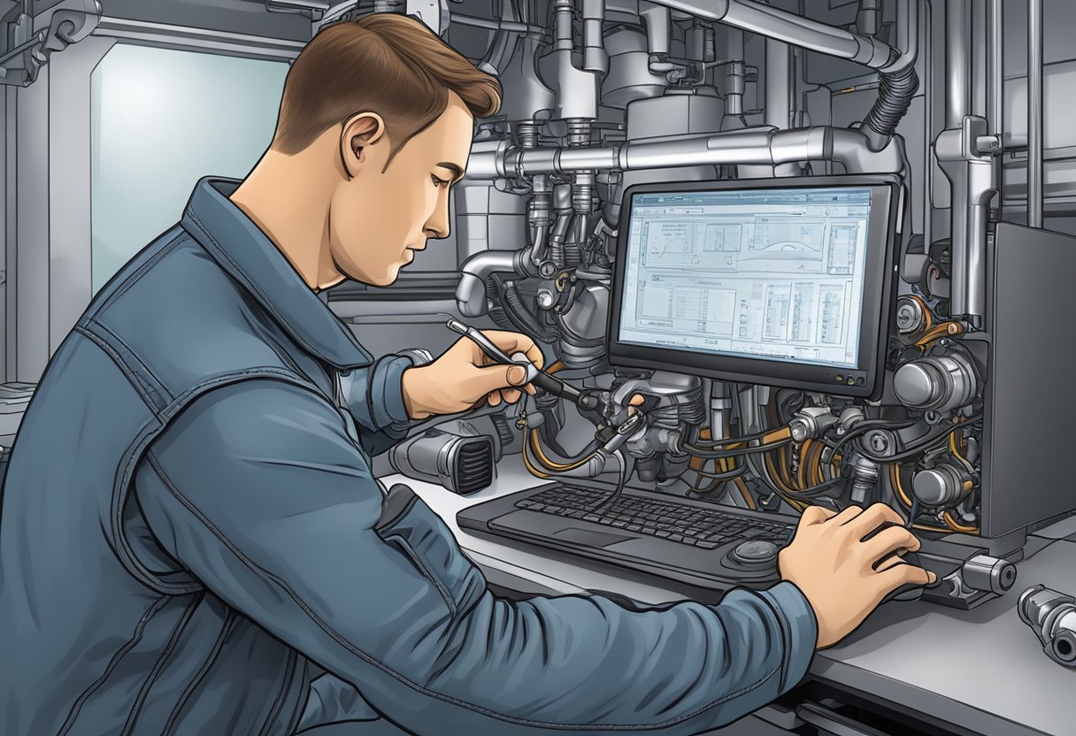 A mechanic examines a motorcycle's diagnostic code P1335 on a computer screen, with a focus on the crankshaft position sensor circuit