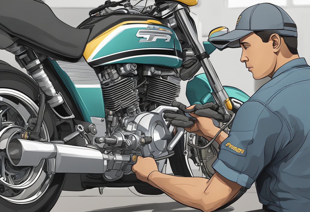 The motorcycle sits still, engine off.

A mechanic holds a diagnostic tool, examining the crankshaft position sensor 'B'.

Wires and connectors are visible, with a sense of urgency in the air