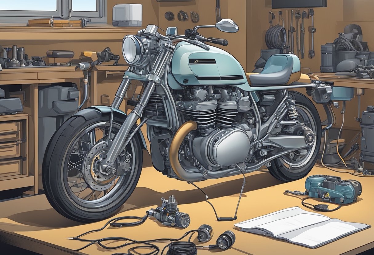 A motorcycle with its engine exposed, diagnostic tools connected, and a technician inspecting the crankshaft position sensor for a malfunction