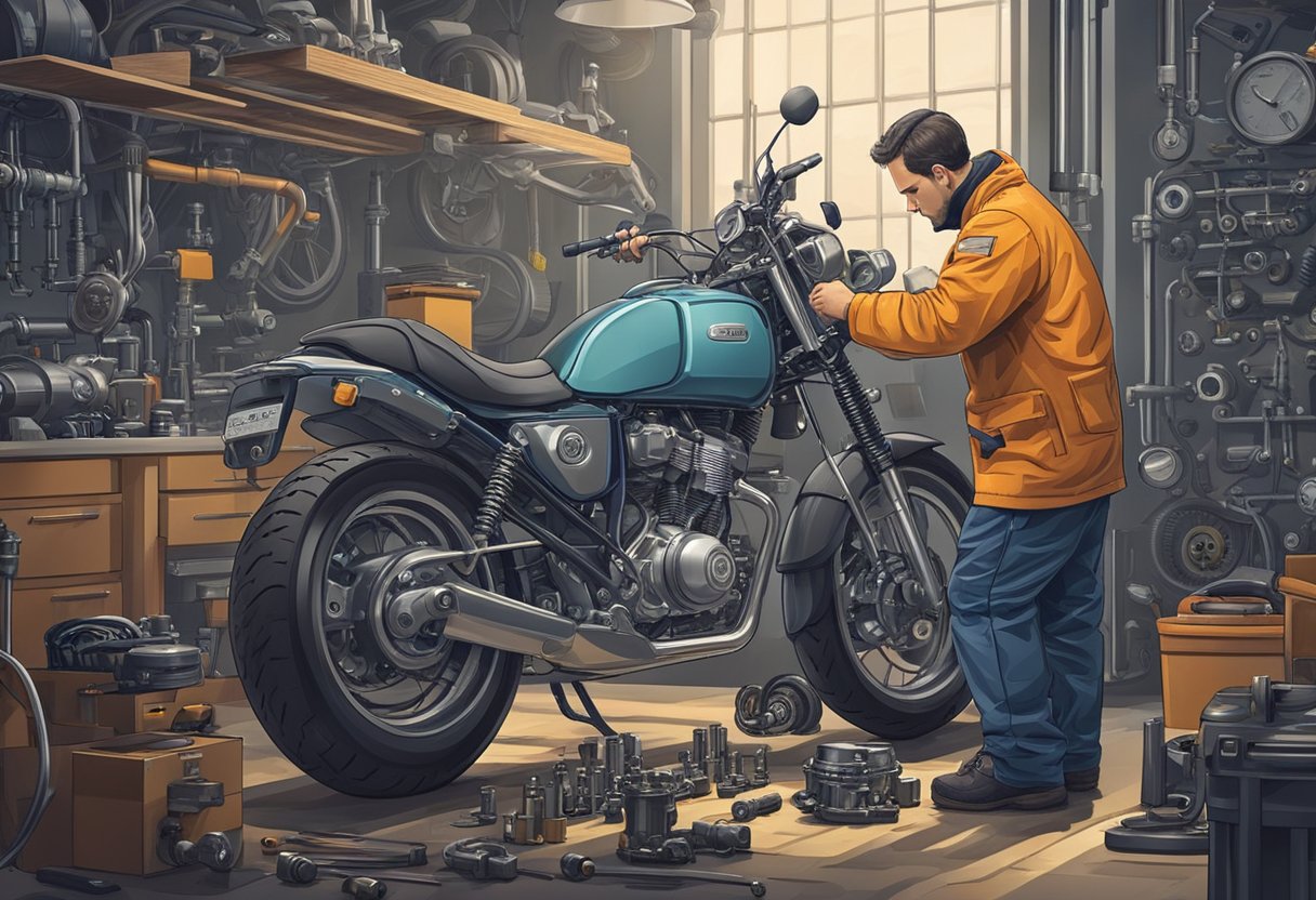 A mechanic examines a motorcycle's engine, focusing on the crankshaft and camshaft sensors.

Tools and diagnostic equipment are scattered around the work area