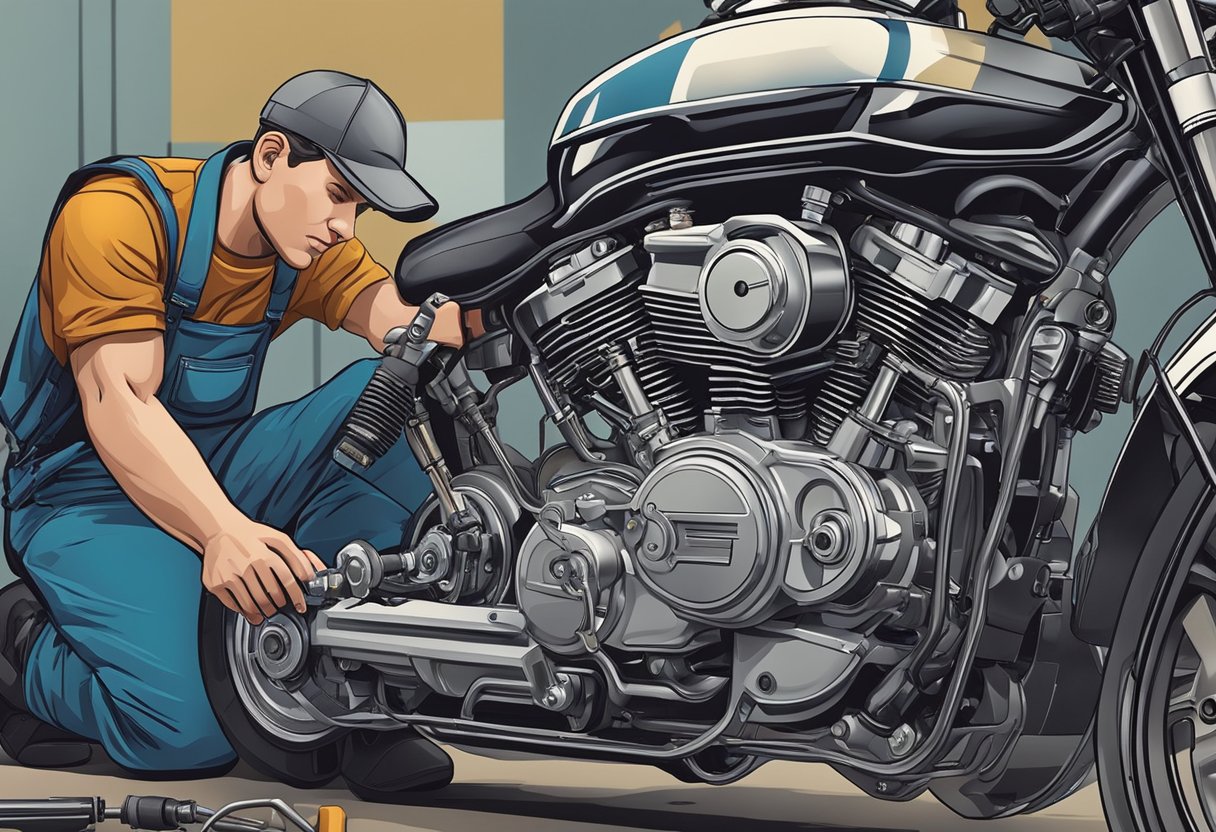 A mechanic examines a motorcycle engine, focusing on the VVT solenoid.

Tools and diagnostic equipment are scattered around