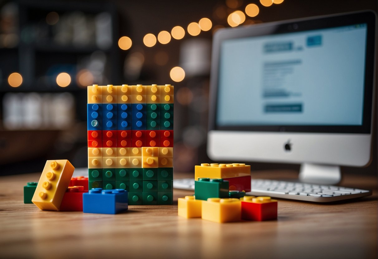 A stack of colorful Lego bricks with a banner reading "Frequently Asked Questions" next to a computer screen showing the Lego affiliate program website