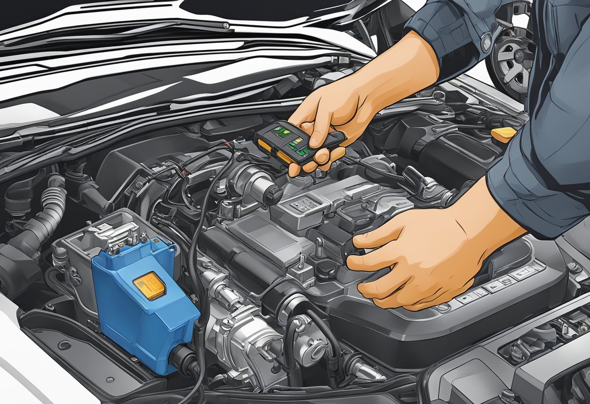 The mechanic inspects the VVT solenoid, tools in hand.

Motorcycle error code P1384 displayed on the diagnostic scanner. Wires and connectors are checked for signs of wear or damage