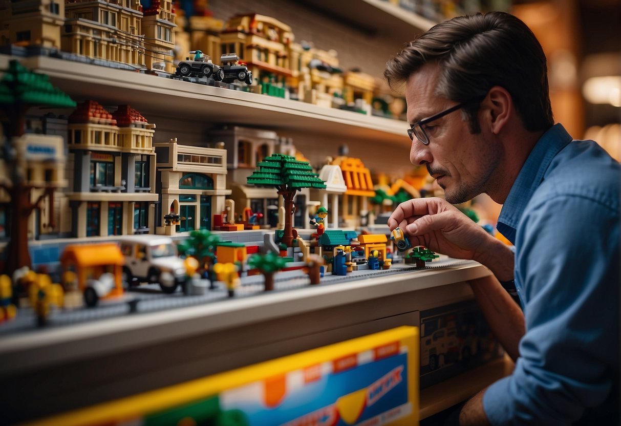 A person browsing through a variety of Lego sets available for rental, with colorful bricks and intricate designs on display