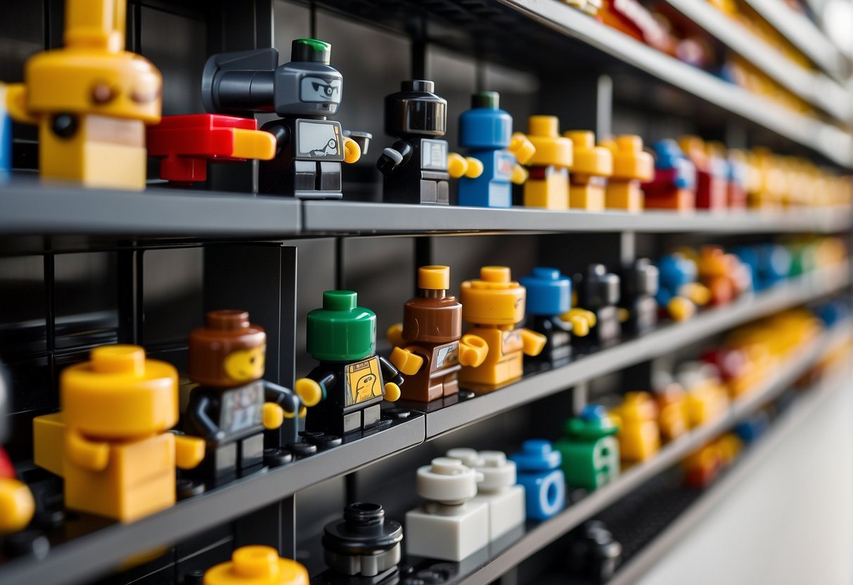 A colorful array of themed Lego sets displayed on shelves, with signs indicating they are available for rent