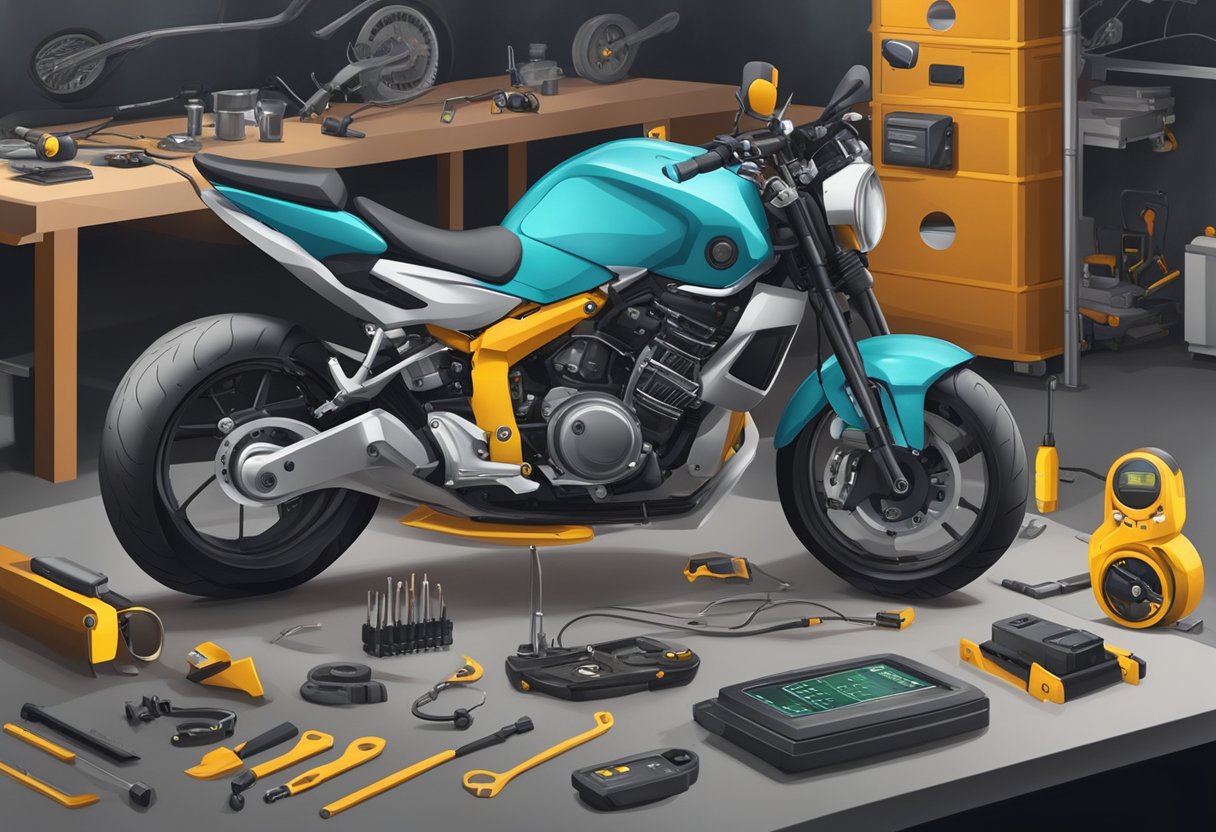 A motorcycle with a malfunctioning speed sensor, displaying error code P1500 on its dashboard, while surrounded by maintenance tools and preventive measures