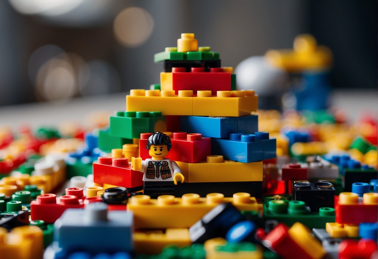 A stack of colorful LEGO sets with a "Rent Me" sign