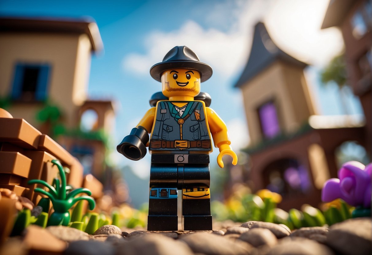A Lego character explores the vibrant and detailed world of Fortnite, filled with iconic landmarks and structures