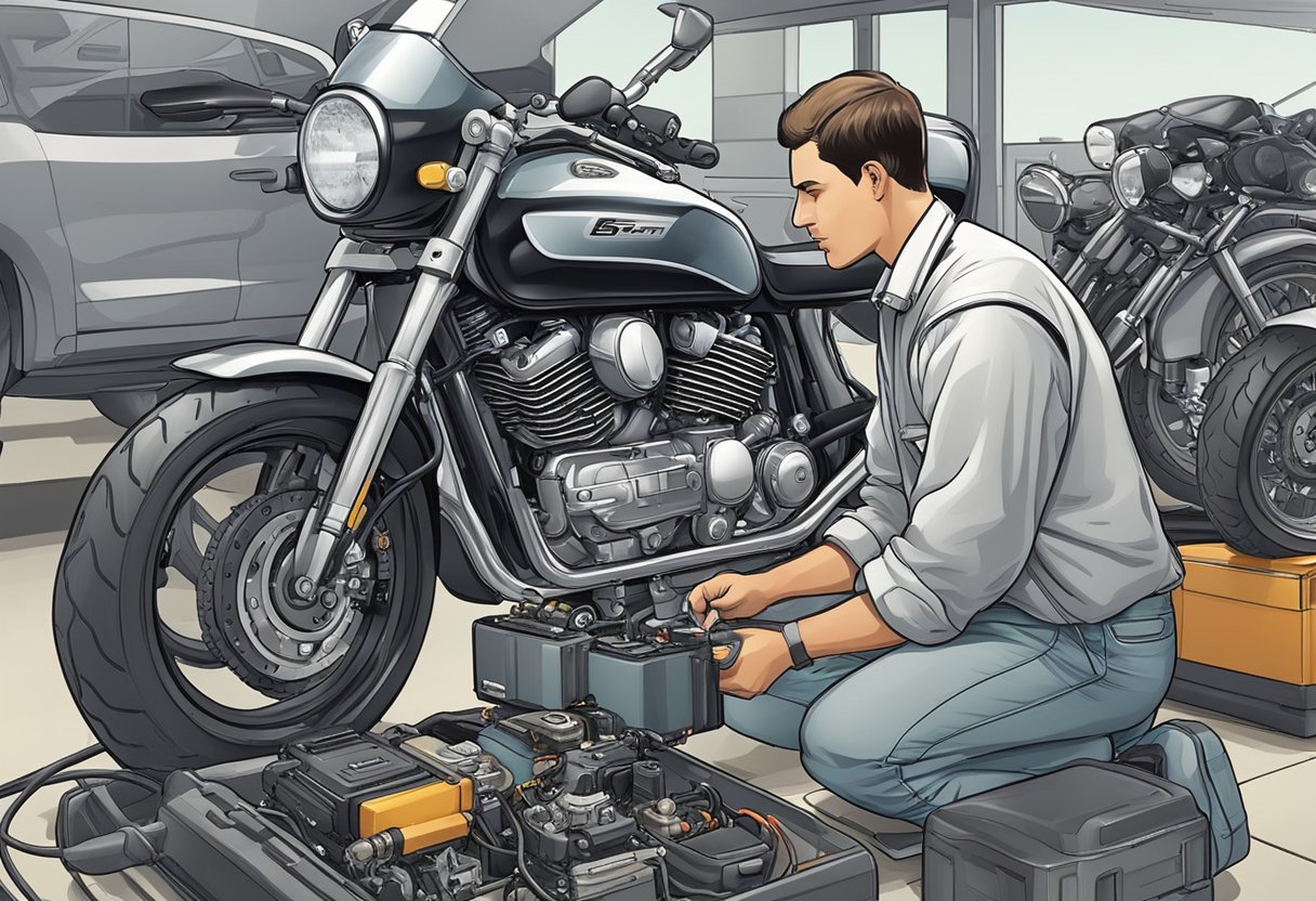 A mechanic connects a diagnostic tool to a motorcycle's ECM/PCM to troubleshoot error code P1600