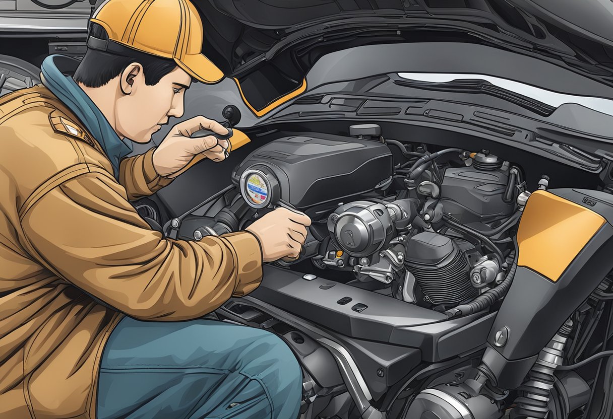 A mechanic examines a motorcycle's diagnostic tool displaying error code P1600