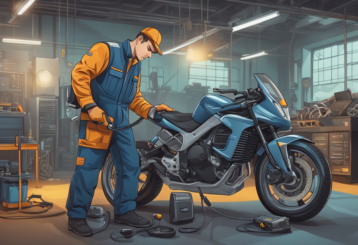 Mechanic examines motorcycle ECM/PCM with diagnostic tool.

Troubleshooting error code P1600. Tools and equipment in the background