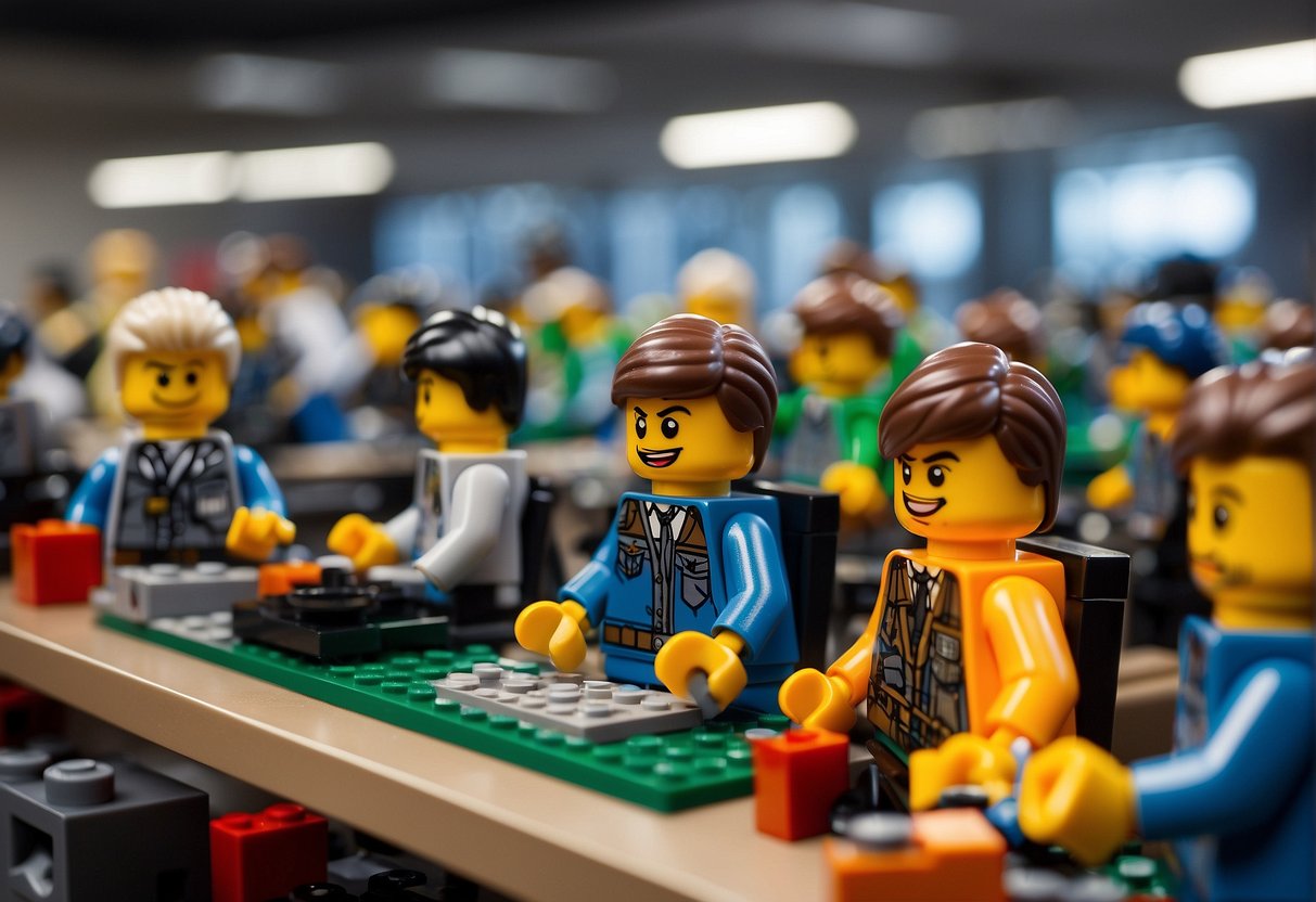 A group of LEGO engineers sit at their desks, working diligently on their latest creations. The room is filled with colorful LEGO bricks and prototypes, showcasing the innovative and creative environment in which they work