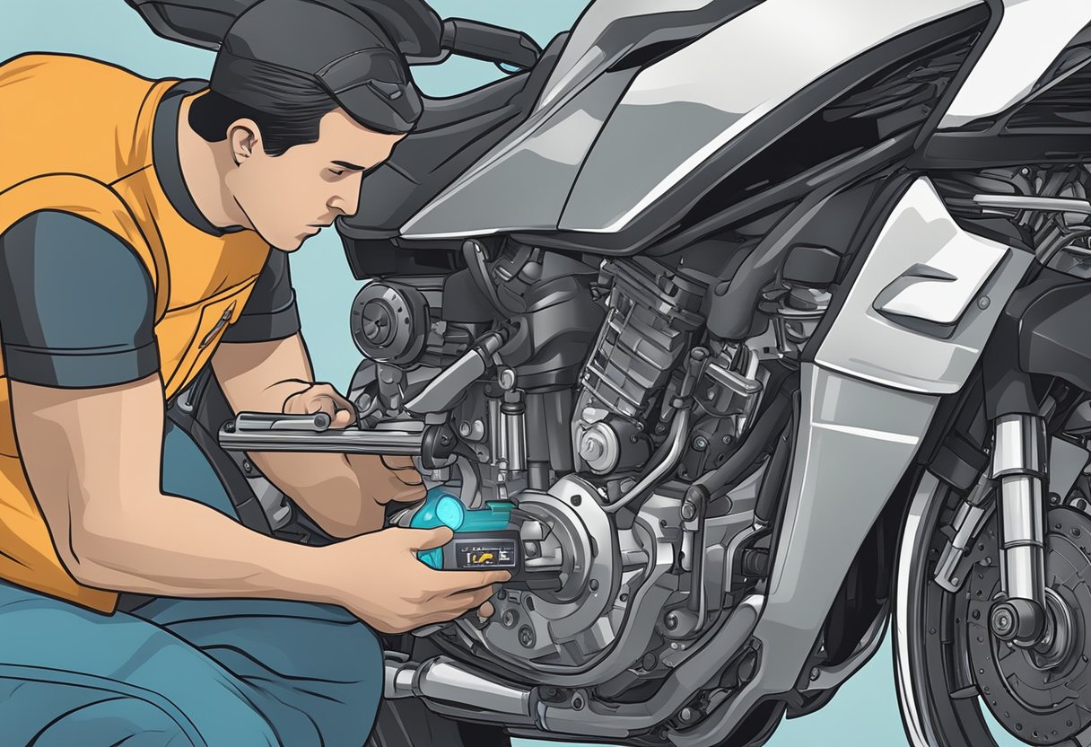 A mechanic using a diagnostic tool to scan a motorcycle's engine for error code P2000: Nitrogen Oxide Trap Efficiency Below Threshold