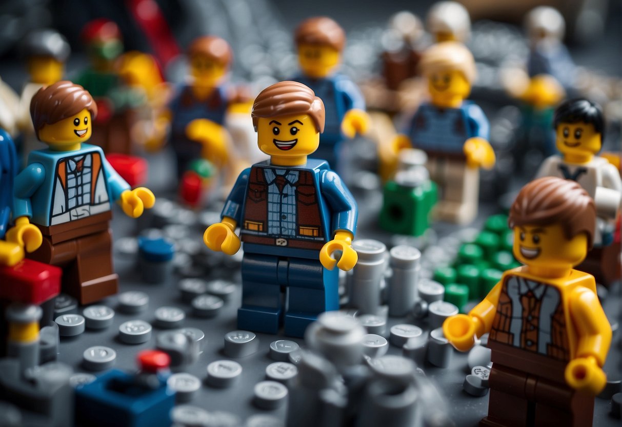 A bustling market with charts and graphs showing Lego engineer salaries and industry trends