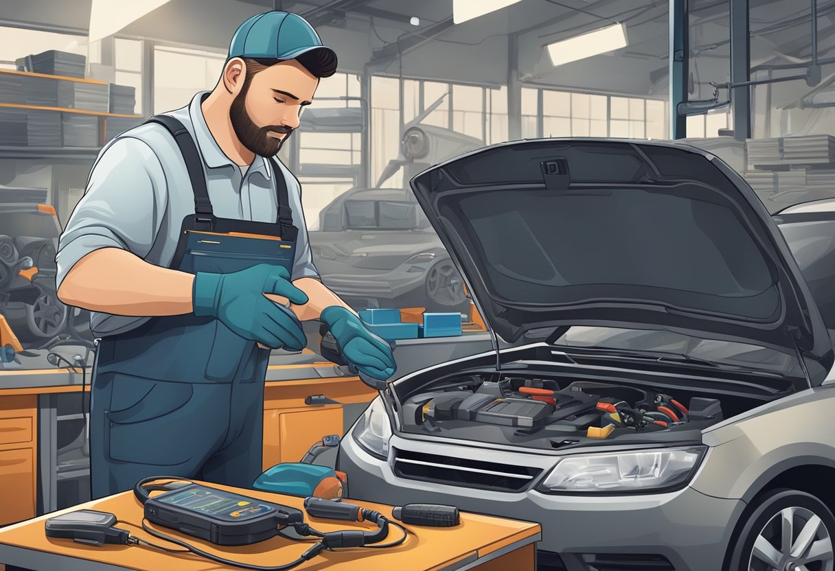 A mechanic using a diagnostic scanner to check a car's error code P2097, with various tools and equipment scattered around the workshop