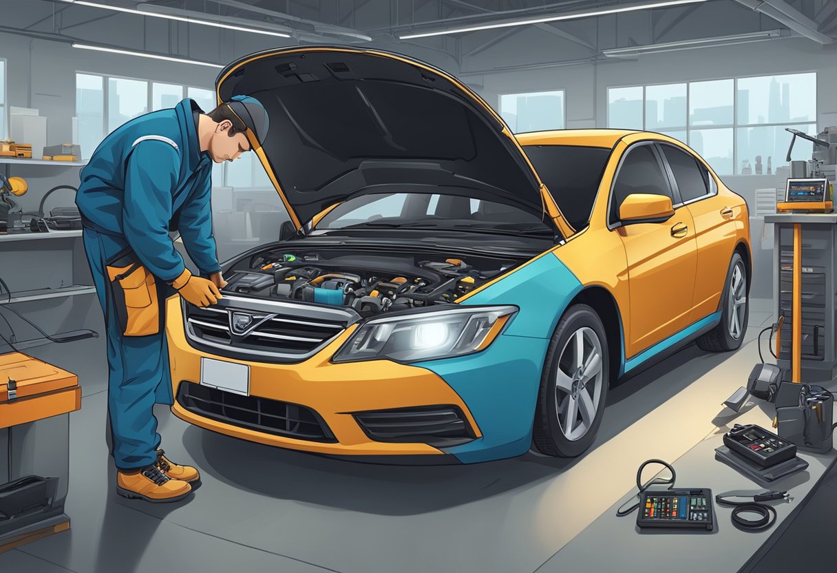 A mechanic inspects a car's diagnostic tool displaying error code P2097.

Tools and equipment are scattered around the work area, and the hood of the car is open