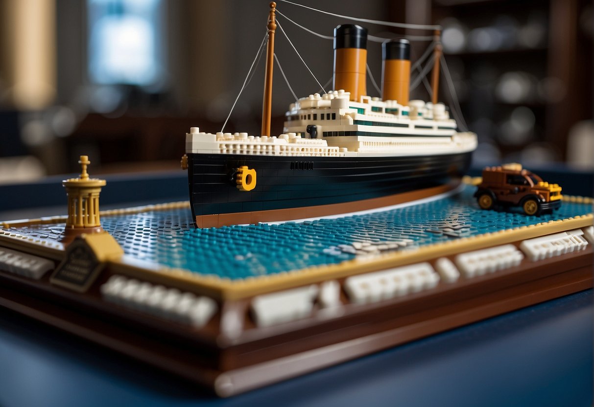 The Lego Titanic sits on a scale, showing its weight. A price tag and availability sign are displayed nearby, while a collector admires the set