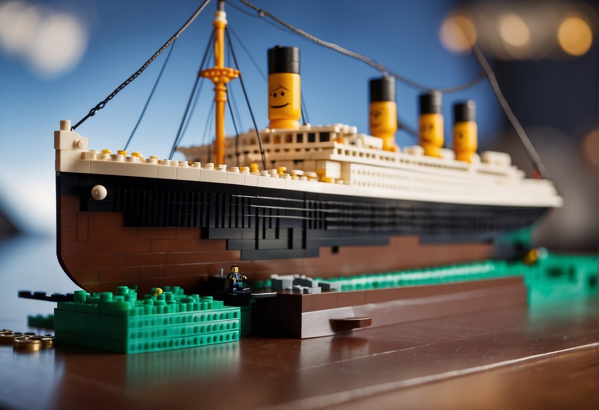 The Lego Titanic sits on a scale, showing its weight. The FAQ question is displayed nearby