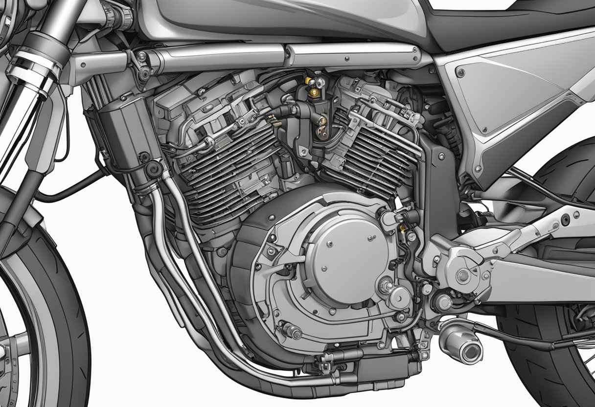 A motorcycle with an exposed engine, showing the camshaft position sensor 'A' and surrounding circuitry.

Wires are visible, and the sensor is highlighted