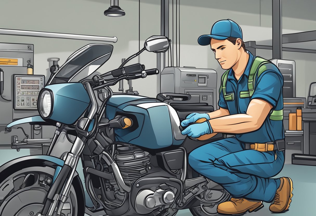 A mechanic checks motorcycle's fuel level sensor for error code P0461 using diagnostic equipment and tools
