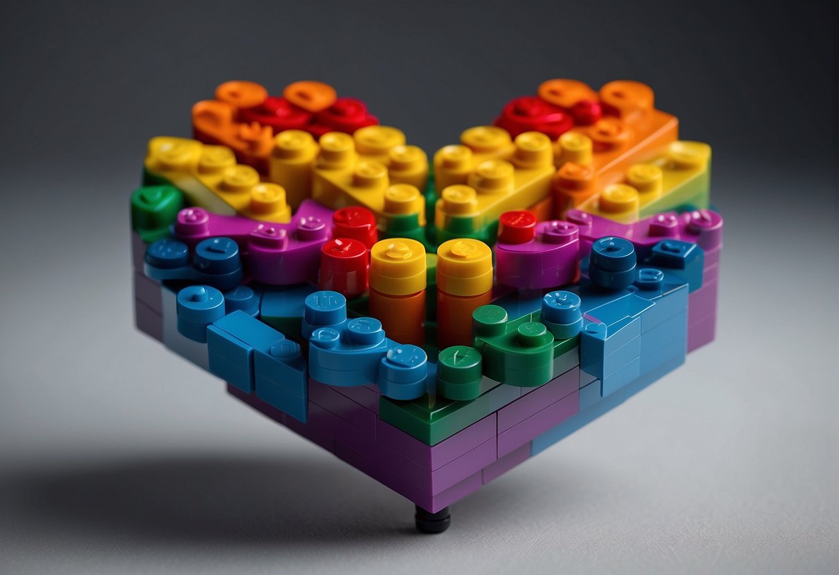 Gather colorful Lego bricks on a clean surface. Arrange them to form a heart shape. Prepare to build with focus and precision