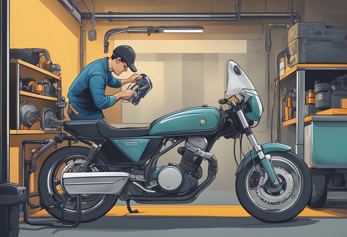 A motorcycle parked in a garage with a mechanic diagnosing the fuel level sensor circuit error code P0461 using diagnostic tools and a maintenance manual