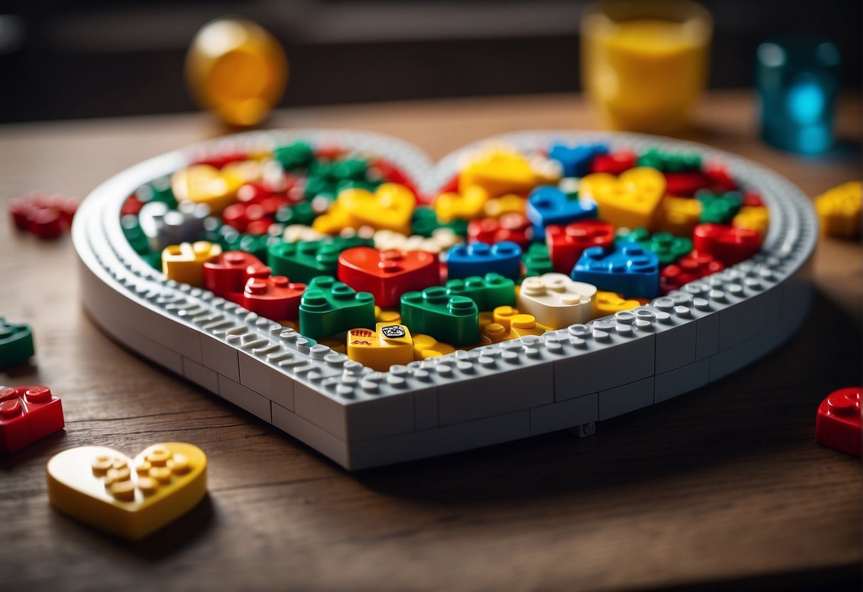 A table with Lego pieces arranged in a heart shape, step-by-step instructions nearby, and a completed Lego heart as a reference