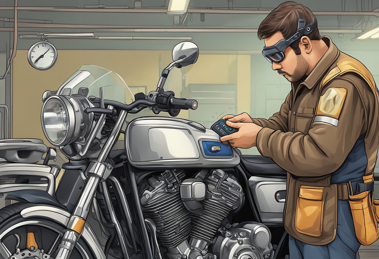 A motorcycle mechanic examines diagnostic tool showing error code P0012