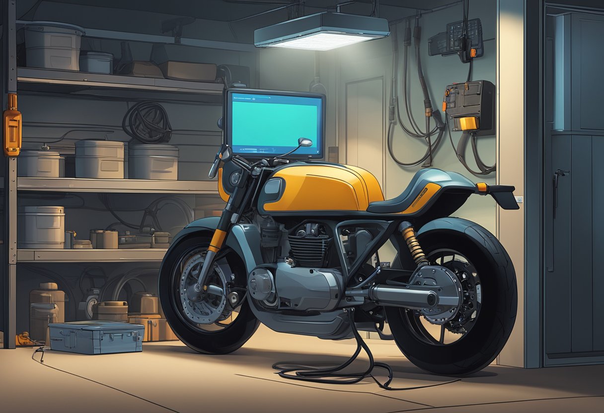 A motorcycle parked in a dimly lit garage, with a diagnostic tool plugged into the engine.

The error code P0022 displayed on the screen