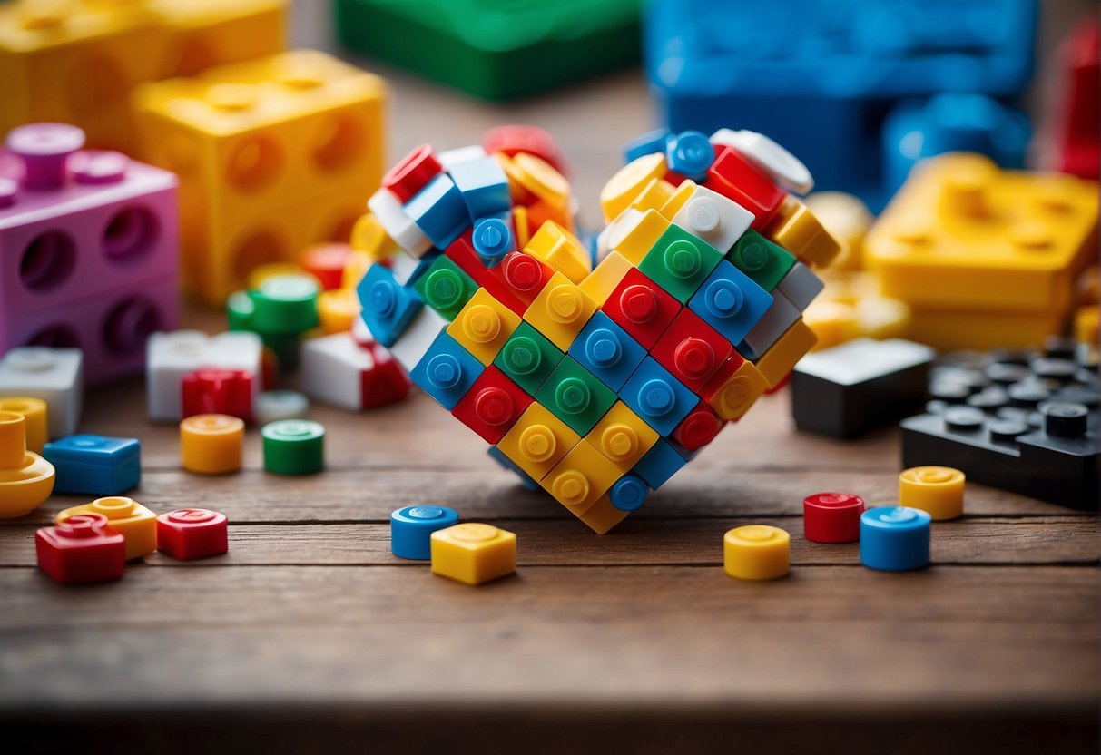 A table with various colored Lego bricks arranged in a heart shape, surrounded by crafting materials like glue, scissors, and construction paper