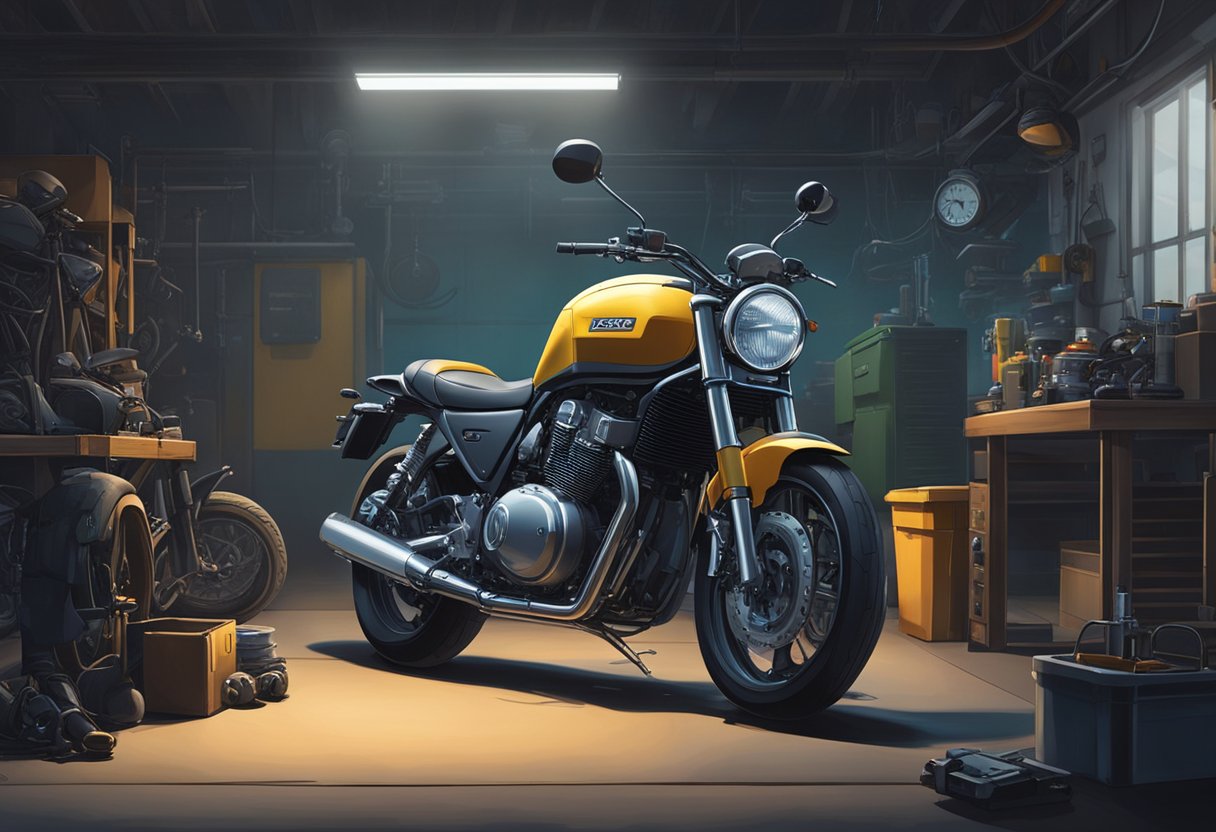 The motorcycle is parked in a dimly lit garage, with a mechanic holding a diagnostic tool, inspecting the engine.

The error code P0022 is displayed on the screen, indicating a camshaft timing issue