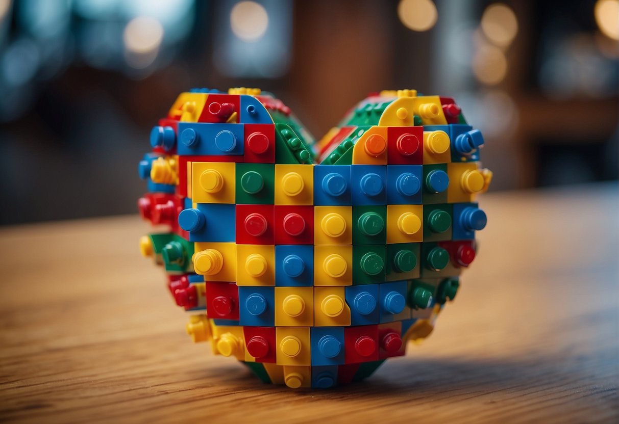 Lego pieces arranged to form a heart-shaped box. A hand adds personalized details with markers and stickers