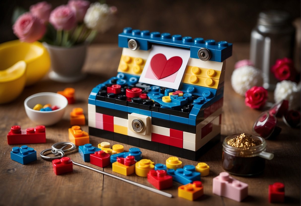 A table with a colorful Lego Valentine box in progress, surrounded by various Lego pieces and a step-by-step instruction booklet