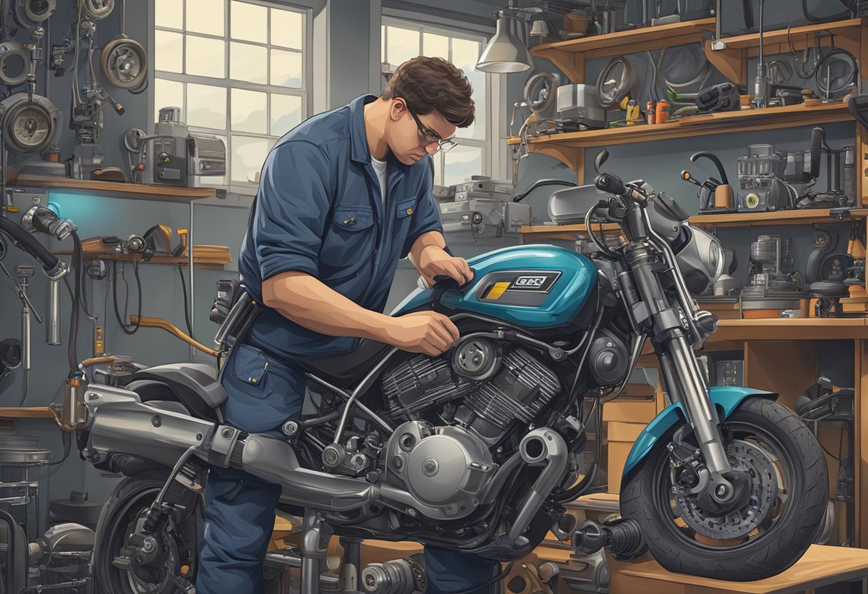 A mechanic examines a motorcycle's sensor, surrounded by tools and diagnostic equipment
