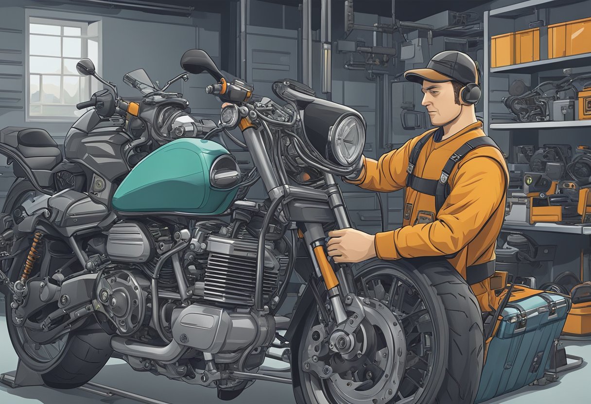 A mechanic examines a motorcycle's engine, surrounded by diagnostic tools and a laptop displaying error code P0106